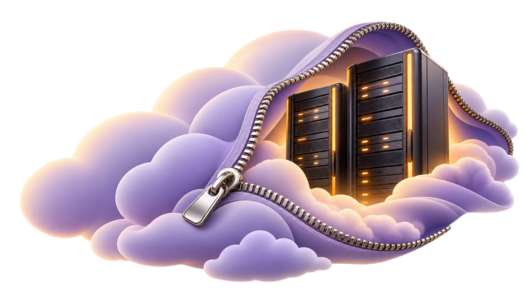A zipper opens a lavender cloud to reveal training servers