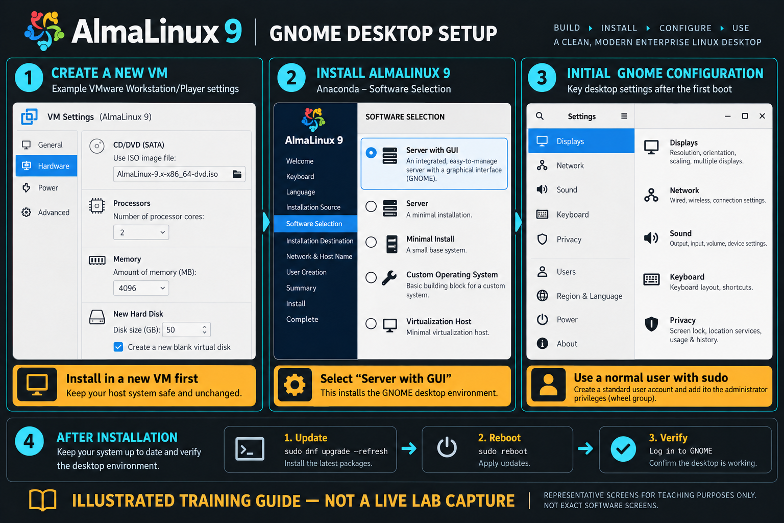 Set up AlmaLinux 9 with GNOME — schematic training illustration, not actual output